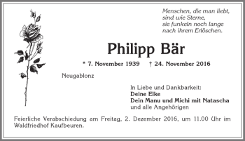 Traueranzeige von Philipp Bär von Allgäuer Zeitung, Kaufbeuren/Buchloe