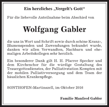 Traueranzeige von Wolfgang Gabler von Allgäuer Zeitung,Kempten