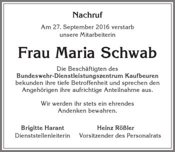 Traueranzeige von Maria Schwab von Allgäuer Zeitung, Kaufbeuren/Buchloe
