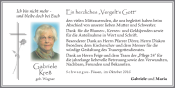 Traueranzeige von Gabriele Kreß von Allgäuer Zeitung, Füssen