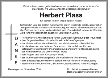 Traueranzeige von Herbert Plass von Memminger Zeitung