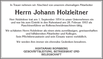 Traueranzeige von Johann Holzleitner von Allgäuer Zeitung
