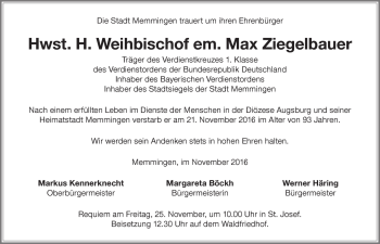 Traueranzeige von Max Ziegelbauer von Memminger Zeitung