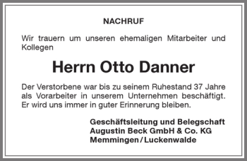 Traueranzeige von Otto Danner von Memminger Zeitung