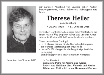 Traueranzeige von Therese Heiler von Allgäuer Zeitung,Kempten