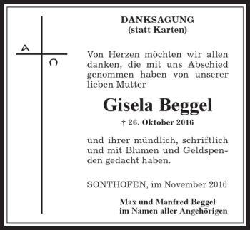 Traueranzeige von Gisela Beggel von Allgäuer Anzeigeblatt