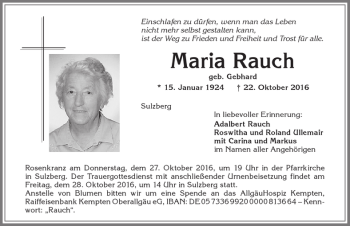 Traueranzeige von Maria Rauch von Allgäuer Zeitung,Kempten