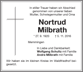 Traueranzeige von Norbert Milbrath von Memminger Zeitung