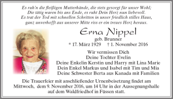 Traueranzeige von Erna Nippel von Allgäuer Zeitung, Füssen