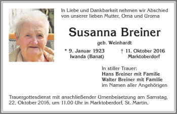 Traueranzeige von Susanna Breiner von Allgäuer Zeitung, Marktoberdorf