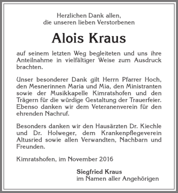 Traueranzeige von Alois Kraus von Allgäuer Zeitung,Kempten