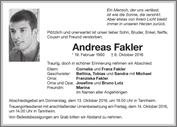 Traueranzeige von Andreas Fakler 