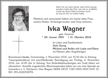 Traueranzeige von Ivka Wagner von Allgäuer Zeitung