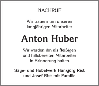 Traueranzeige von Anton Huber von Allgäuer Zeitung,Kempten