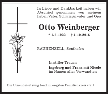 Traueranzeige von Otto Weinberger von Allgäuer Anzeigeblatt