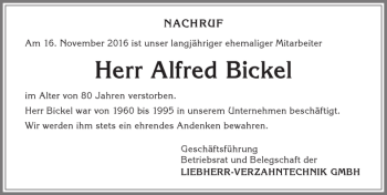 Traueranzeige von Alfred Bickel von Allgäuer Zeitung,Kempten