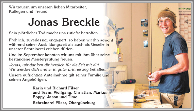  Traueranzeige für Jonas Breckle vom 10.11.2016 aus Allgäuer Zeitung, Marktoberdorf