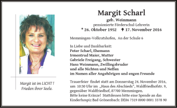 Traueranzeige von Margit Scharl von Memminger Zeitung
