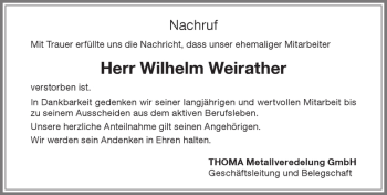 Traueranzeige von Wilhelm Weirather von Memminger Zeitung