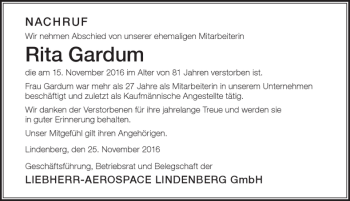 Traueranzeige von Rita Gardum von Der Westallgäuer