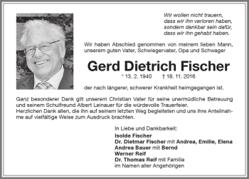 Traueranzeige von Gerd Dietrich Fischer von Memminger Zeitung