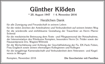 Traueranzeige von Günther Klöden von Allgäuer Zeitung,Kempten