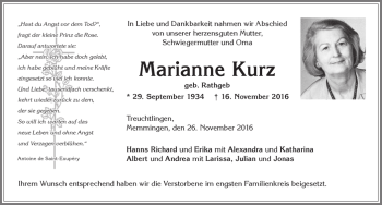 Traueranzeige von Marianne Kurz von Memminger Zeitung