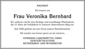 Traueranzeige von Veronika Bernhard von Allgäuer Zeitung,Kempten