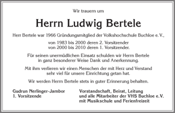 Traueranzeige von Ludwig Bertele von Allgäuer Zeitung, Kaufbeuren/Buchloe