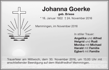 Traueranzeige von Johanna Goerke von Memminger Zeitung
