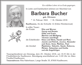 Traueranzeige von Barbara Bucher von Allgäuer Zeitung, Kaufbeuren/Buchloe