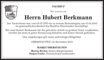 Traueranzeige von Hubert Berkmann von Allgäuer Anzeigeblatt