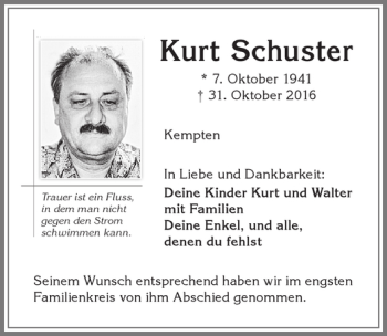 Traueranzeige von Kurt Schuster von Allgäuer Zeitung,Kempten