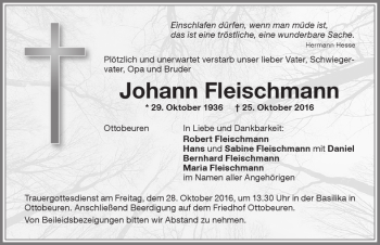 Traueranzeige von Johann Fleischmann von Memminger Zeitung