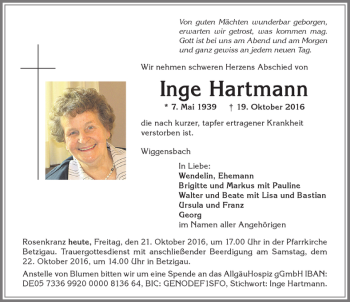 Traueranzeige von Inge Hartmann von Allgäuer Zeitung,Kempten