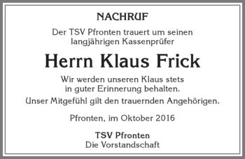 Traueranzeige von Klaus Frick von Allgäuer Zeitung, Füssen