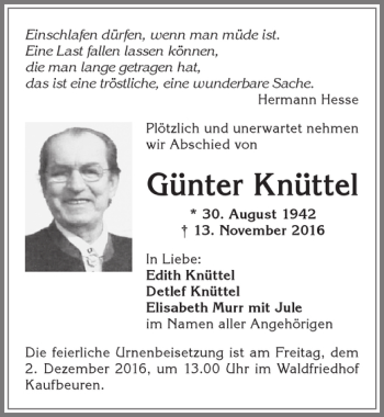 Traueranzeige von Günter Knüttel von Allgäuer Zeitung, Kaufbeuren/Buchloe