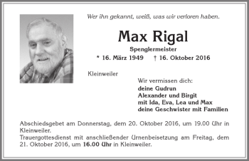 Traueranzeige von Max Rigal von Allgäuer Zeitung,Kempten
