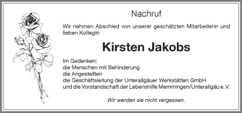 Traueranzeige von Kirsten Jakobs von Memminger Zeitung