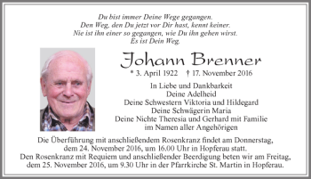 Traueranzeige von Johann Brenner von Allgäuer Zeitung, Füssen