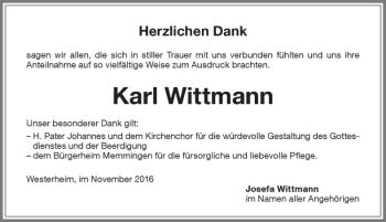 Traueranzeige von Karl Wittmann von Memminger Zeitung