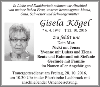 Traueranzeige von Gisela Kögel von Allgäuer Zeitung, Füssen