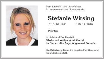 Traueranzeige von Stefanie Wirsing von Allgäuer Zeitung, Füssen