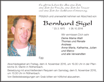 Traueranzeige von Bernhard Sigel von Der Westallgäuer