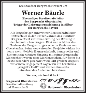 Traueranzeige von Werner Bäurle von Allgäuer Anzeigeblatt