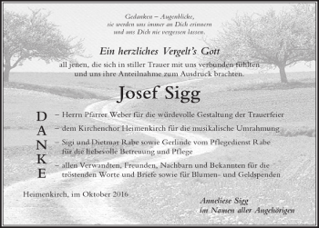 Traueranzeige von Josef Sigg von Der Westallgäuer