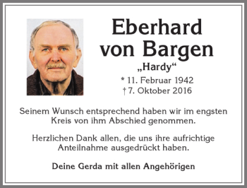 Traueranzeige von Eberhard von Bargen von Allgäuer Zeitung,Kempten