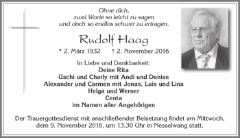 Traueranzeige von Rudolf Haag von Allgäuer Zeitung, Füssen