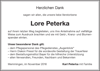 Traueranzeige von Lore Peterka von Memminger Zeitung