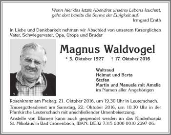 Traueranzeige von Magnus Waldvogel von Allgäuer Zeitung, Marktoberdorf